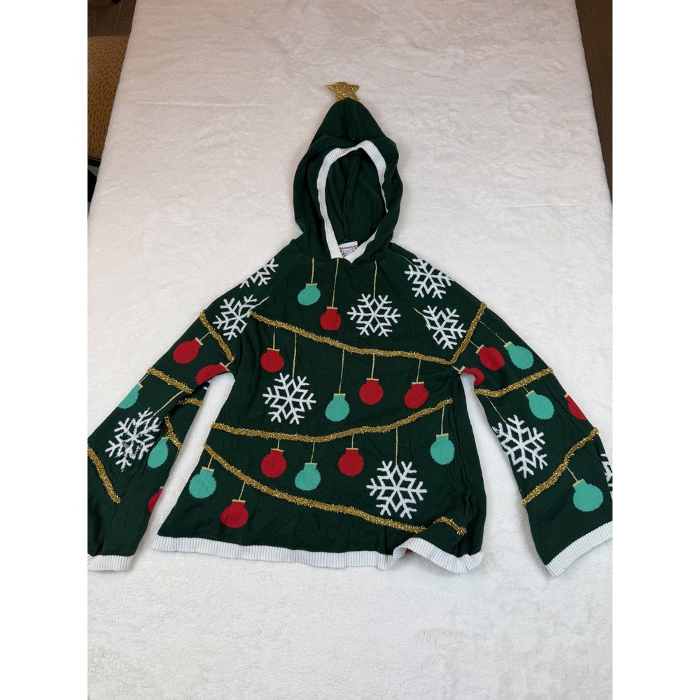 Well Worn Holiday Sweater Kids Medium 7-8 Green Christmas Tree Hooded Pullover